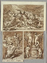 Kampen mellem romerne og sabinerne; Tilsynekomst af Romulus til Proculus, To Studier efter Carracci; Kandelaber
