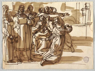 Prælaten og taburetbærerne og kvinderne i nærheden af dem i "Expulsion of Heliodorus" efter Raphael Sanzio