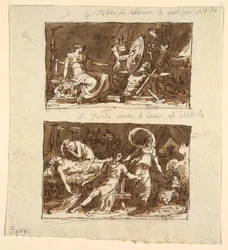 Thetis i Hefaistos Værksted; Thetis viser rustningen til Achilles: To designs til loftspaneler i Galeria d