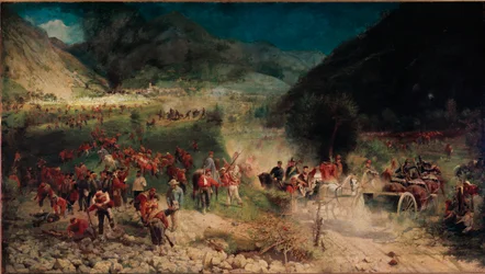 Tredje italienske uafhængighedskrig: "" slaget ved Bezzecca"" Den 21/07/1866 modsatte det liget af jægerne fra Giuseppe Garibaldi mod den østrigske hær. Maleri af Felice Zennaro (1833-1926) Milano, Risorgimentos museum