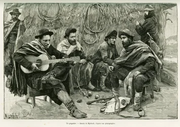 En payador, duel i vers af gående sangere. Gravering af Myrbach, for at illustrere historien Voyage a la Plata, i 1886, af Emile Daireaux, i le tour du monde 1888, instrueret af Edouard Charton (1807-1890), Hachette, Paris.