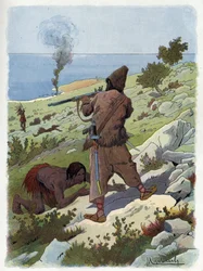 Robinson Crusoe dræber de vilde, der jagter fredag.