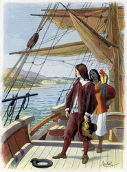 Robinson Crusoe forlader sin ø - Illustration af Felician MYRBACH MYRBACH RHEINFELD (1853-1940) Til Daniel Defoes Bog (De foe) Robinson Crusoe. Ingen dato. Omkring 1934