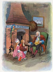 Robinson Crusoe fortæller sine børn om sine eventyr. Illustration af Felician MYRBACH MYRBACH RHEINFELD (1853-1940) Til bogen af Daniel Defoe (De foe) Robinson Crusoe. Ingen dato. Omkring 1934