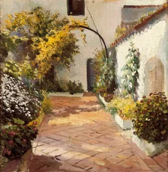 Patio de monjas (klosterets gårdhave). Maleri lavet i Marmolejo i provinsen Jaen i Spanien. Olie på lærred af Felipe Abarzuza (1871-1948), første halvdel af det 20. århundrede. Provinsmuseet i Cadiz (Cadiz).