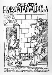 Atahualpa Inca i sit fængsel i Cajamarca