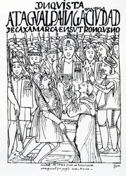 Diego de Almagro, Francisco Pizarro og broder Vicente de Valverde knælende foran inkaen Atahualpa i Cajamarca