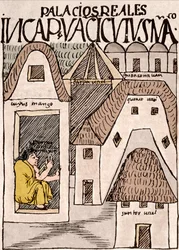 Inca Empire: Temples and Palaces in Cuzco, Peru - Blæktegning fra manuskriptet "" New Chronicle and Good Government"" af Don Felipe Puma de Ayala, der illustrerer inkaernes liv, omkring 1587 Lima, National Museum of Anthropology, Archaeology and History de