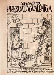 Inkakejseren Atahualpa, fange hos conquistadorerne i Cajamarca (tuschtegning)
