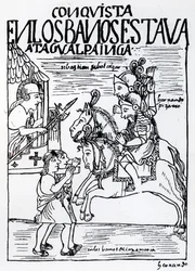 Sebastian de Benalcazar og Hernando Pizarro konfronterer Atahualpa Inca ved Royal Baths i Cajamarca (træsnit)