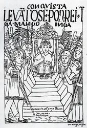 Den nykronede Manco Inca på tronen i Cuzco (træsnit)