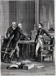 Første drøftelse af de tre konsuler i Peer-Luxembourg - Napoleon Bonaparte, Emmanuel Joseph Sieyes og Pierre Roger-Ducos 1799 - Gravering af Barbant, efter Philippoteaux - Første konsulat, 24. Frimaire VIII (15. december 1799), første møde i 1.