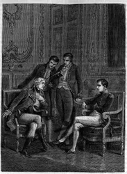 Jean-Jacques Régis de Cambacérès (1753-1824) foreviser Bonaparte, den daværende førstekonsul, og hans brødre Joseph og Lucien sin sindrige kombination for at få ham udnævnt til Bonaparte, konsul på livstid, omkring 1804 - (Cambacérès foreslår Bonapartes