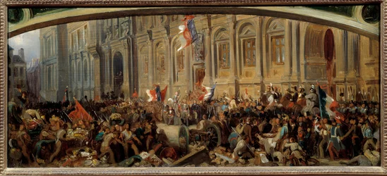 Revolution i 1848: "" Alphonse de Lamartine (1790-1869), fransk forfatter og politiker, afviser det røde flag på rådhuset den 25/02/1848." Maleri af Felix Philippoteaux (ca. 1815-1884)