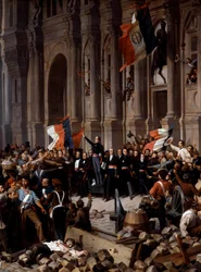 Revolutionen i 1848: Alphonse de Lamartine (1790 - 1869), der på rådhuset afviser det røde flag til fordel for trikoloren. Paris, 26. februar 1848. Detalje af et maleri af Henri Félix Philippoteaux (1815 - 1884), Paris, Musée du Petit Palais
