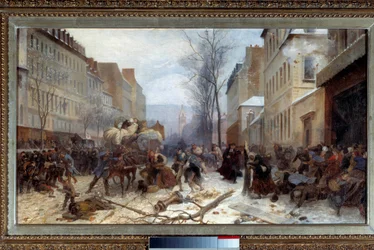 Scene for bombning af preussiske hære i Paris i januar 1871 Krigen 1870-1871: den preussiske hærs belejring af Paris. Maleri af Henri Felix Philippoteaux (1815-1884). Svag. 0,46 x 0,81 m. 1871. Paris, musee Carnavalet - Bombningsscene i Paris af Pr