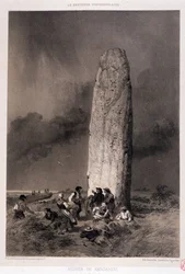 Bønder omkring menhiren i Kergadiou (Finistere) - i "" La Bretagne contemporaine"", ill. af Felix Benoist, red. Charpentier, Paris