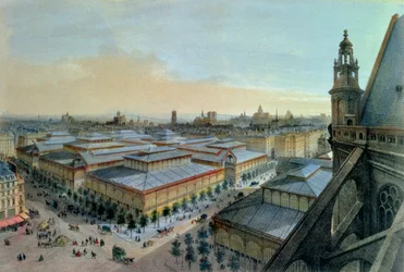 Udsigt over Les Halles i Paris set fra Saint-Eustaches øvre galleri, ca. 1870-80
