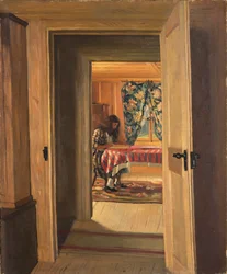 Interiør med en ung pige, der skriver, 1905