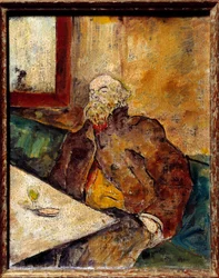 Portræt af Paul Verlaine (1844 - 1896), fransk digter, siddende ved baren foran et glas absint. Maleri tilskrevet Felix Vallotton (1865-1925)