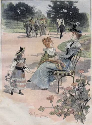 Børnenes tur til akklimatiseringshaven i Paris i 1892. Akvarelgravure.