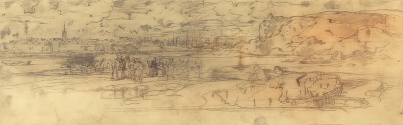 Estuary med en befæstet havn til venstre og klipper til højre, ca. 1882.
