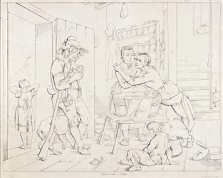 (Rip Van Winkle, illustration) Rip plaget af sin kone