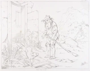 (Rip Van Winkle, illustration) Rip vender tilbage til sit hus i ruiner