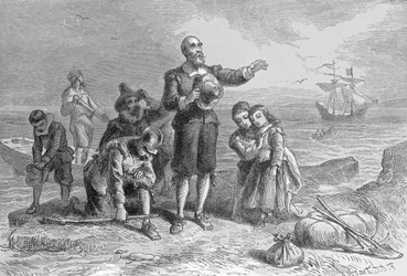 Landing of the Pilgrims, 1620, graveret af A. Bollett, fra 