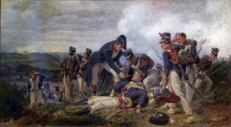 En linjeinfanteririffelofficer, der redder en løjtnant fra British 13th Light Dragons Regiment, 2. halvdel af det 19. århundrede (olie på lærred)