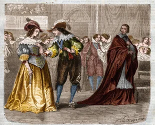 Romersk føljeton: "De tre musketerer" af Alexandre Dumas (1802-1870). Kong Ludvig XIII (1601-1643) overdrog de to diamantfritter til sin hustru, dronning Anne af Østrig (1601-1666), under kardinal Richelieus (1585-1642) blik. Illustration af kapitel X
