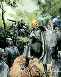 Første Verdenskrig: "" Portræt af kejser Vilhelm II (1859-1941) på besøg på en artilleripost"" Tryk af Felix Schwormstadt (1870-?) 1915 Privat samling