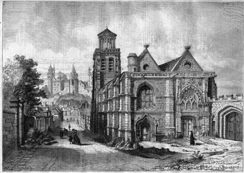 Saint Sulpice-kirken (Saint Sulpice) af Pierrefonds i departementet Oise i Picardie-regionen - Indgravering fra 1868 efter en tegning af Felix de Thorigny