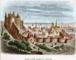 Byen Dieppe med dens slot (Seine Maritime) (76) i Normandiet i 1489.