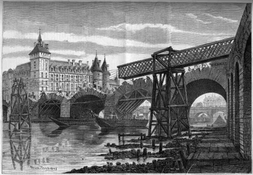 Transformationer af Paris under det andet imperium, Haussmann Paris: nedrivning af Pont au Change (1639-1647) og installation af den midlertidige bro. Indgravering af Felix Thorigny i "" Le Monde Illustré"" nr. 78 af 9. oktober 1858.