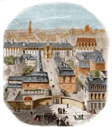 Udsigt over Gobelins gobelinfabrikken i Paris med Capuchins-klosteret, observatoriet og dronningen Blanches slot. Stik af Thorigny