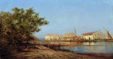Mas i Martigues. Maleri af Felix ZIEM (1821-1911). Olie på lærred. Mål: 29x55 cm. Obligatorisk omtale: Regards de Provence foundation collection, Marseille