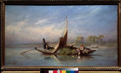 Familie i en båd (transport af foder i en sejlbåd) - Familie i en båd - Maleri af Fjodor Vasilyev (Feodor Alexandrovich, Fiodor Alexandrovitch Vasiliev (1850-1873), olie på lærred