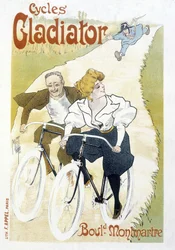 Cykelpar jaget af en konstabel - Annoncering for Gladiator-cykler, af Misti, v.1895