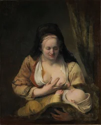 Kvinde, der dier et spædbarn (olie på lærred)