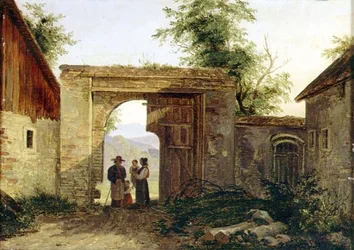 En gård med bønder ved en port