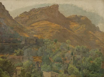 Udsigt over bjergbyen Mola nær Taormina