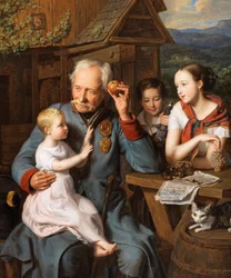 En gammel invalid med børn - En gammel invalid med børn, af Waldmueller, Ferdinand Georg (1793-1865). olie på træ