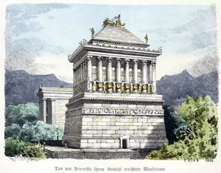 Mausoleet i Halikarnassos, fra en serie om „Oldtidens syv underværker“, udgivet i „Münchner Bilderbogen“. 1886