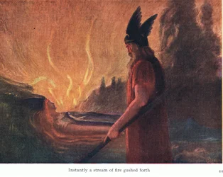 Straks sprang en strøm af ild ud, illustration fra The Stories of Wagners Operas pub. by George Harrap & Co Ltd 1932