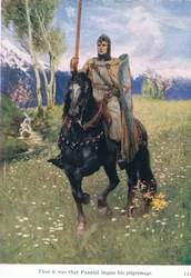 Således var det med Parsifal begyndte hans pilgrimsrejse, illustration fra The Stories of Wagners Operas pub. af George Harrap & Co Ltd 1932