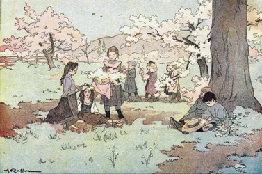 Børn plukker blomster fra markerne i Imagier de l