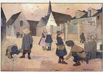 Uden af ​​skolen, i billedbog om barndommen, ca. 1900 (gravering)