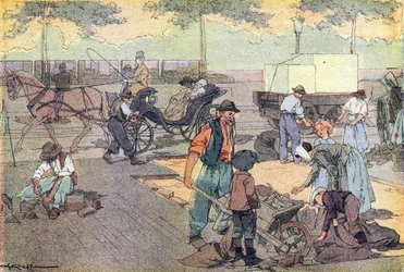 Træbelægning, i barndommens billedbog, ca. 1900 (stik)