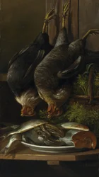 Stilleben med høns og fisk